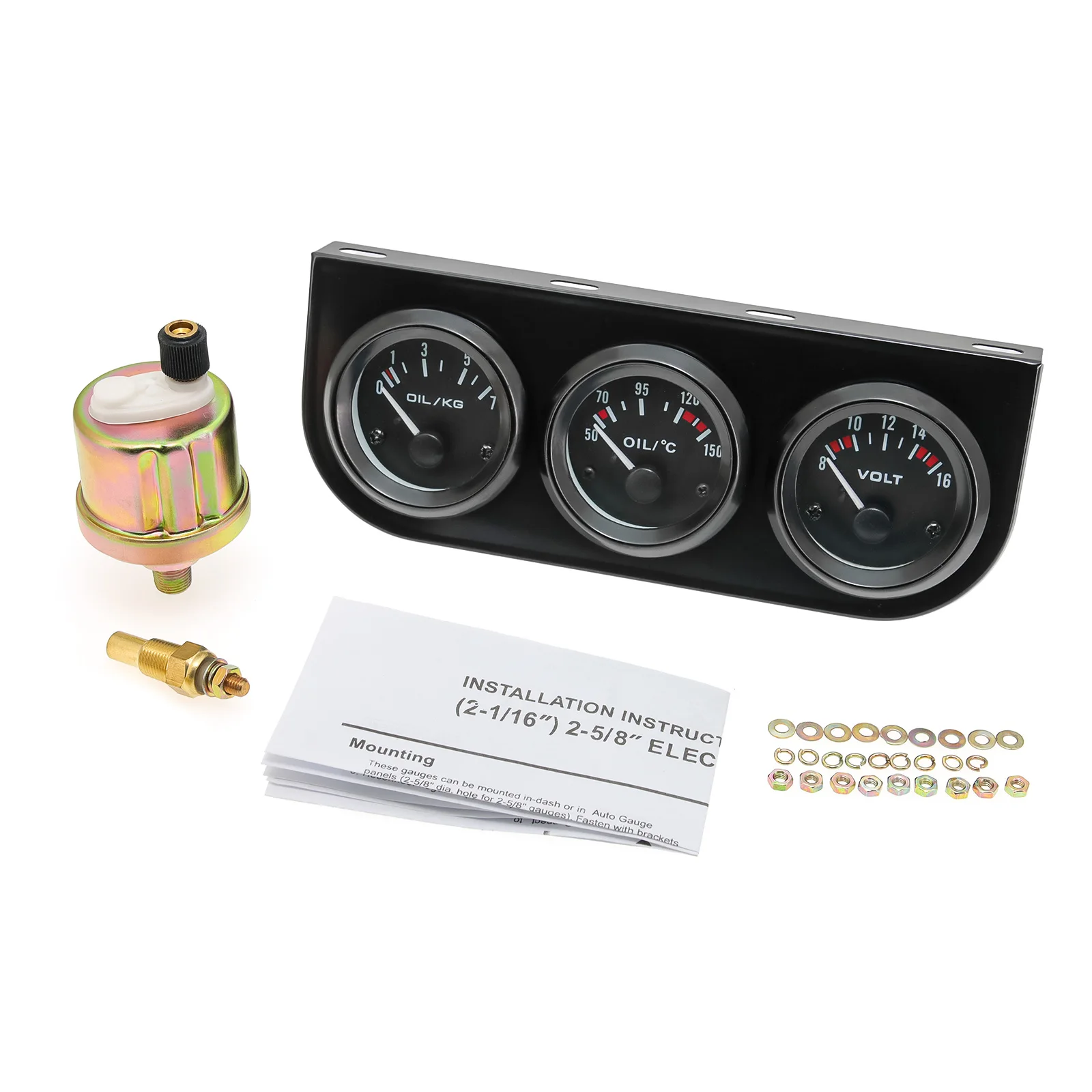 

Тройной комплект 52 мм 3 в 1, вольтметр, температура воды (цельсия), давление масла, черный/хромированный безель с датчиком температуры и датчика давления, комплект 3-в-1