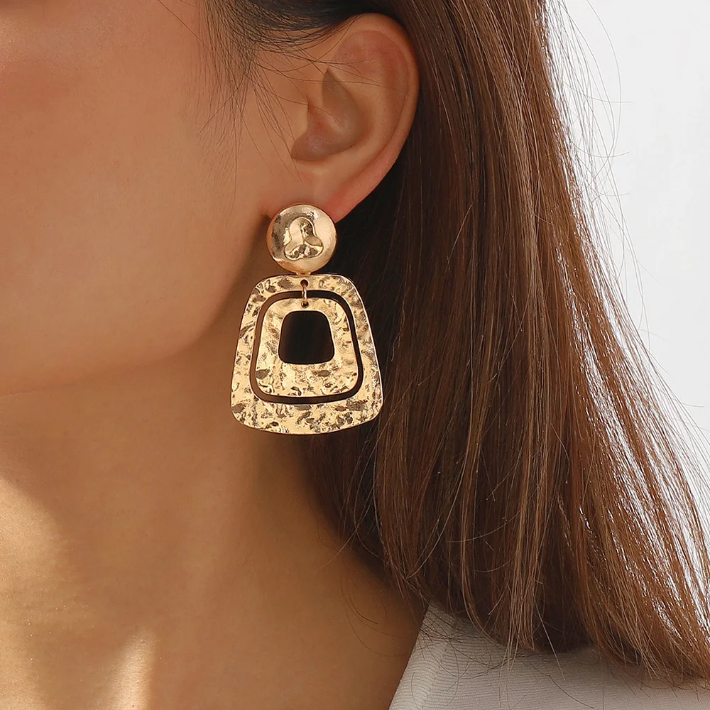 

Vintage Geometric Metal Double Layer Dangle Earrings For Women Statement Exaggerated Gold Color Earrings Party Dinner Jewelry