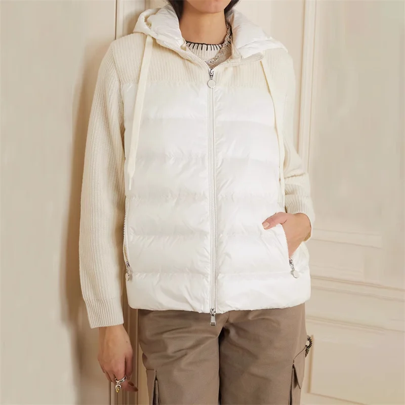 

women's winter jacket 2023 Korean Fashion Elastic Knit Panel down coats Wool blend high-quality long sleeved top Warm thick coat