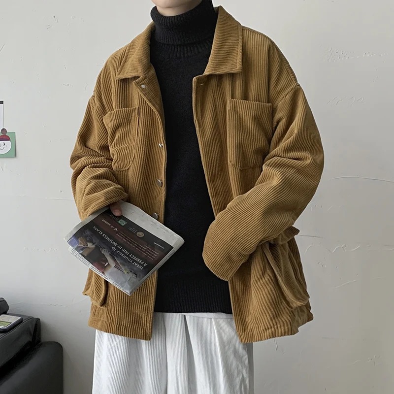 

Вельветовая мужская куртка-карго в стиле Харадзюку, однотонная ветровка оверсайз с несколькими карманами, повседневная куртка для мужчин, весна-осень