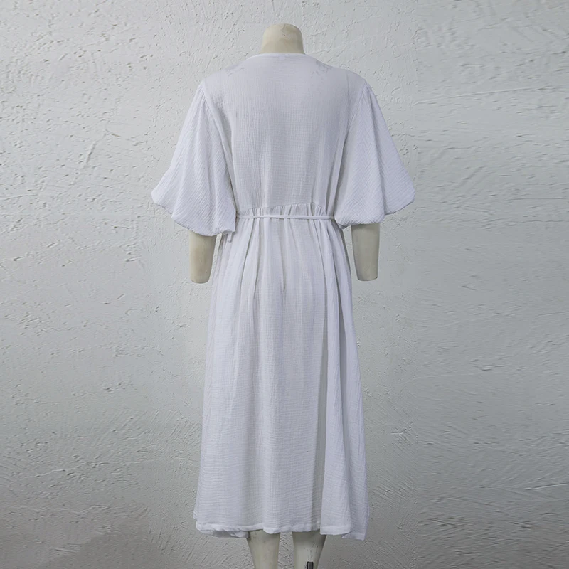 Шикарное женское платье из 100% хлопка с V-образным вырезом и пышными рукавами