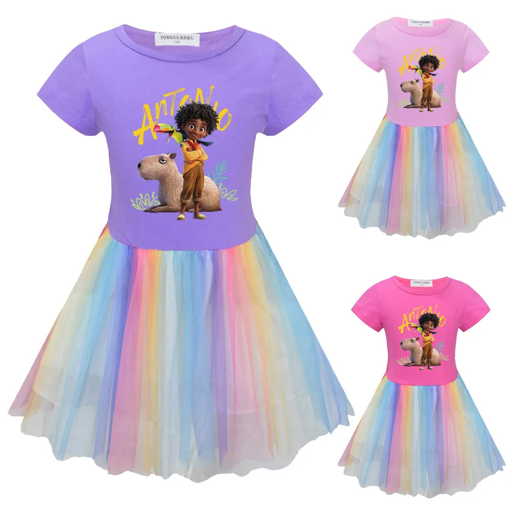

2022 Baby Girl Disney Encanto Summer Cartoon Dress Rainbow Princess Kids Party Kids Birthday Christmas Gifts for Kids