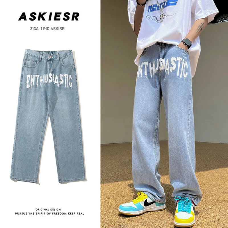 

Washed Jeans Oversize Straight Loose Hiphop Streetwear Wide-leg Printed Letter Denim Pants Trousers Autumn Men Clothing
