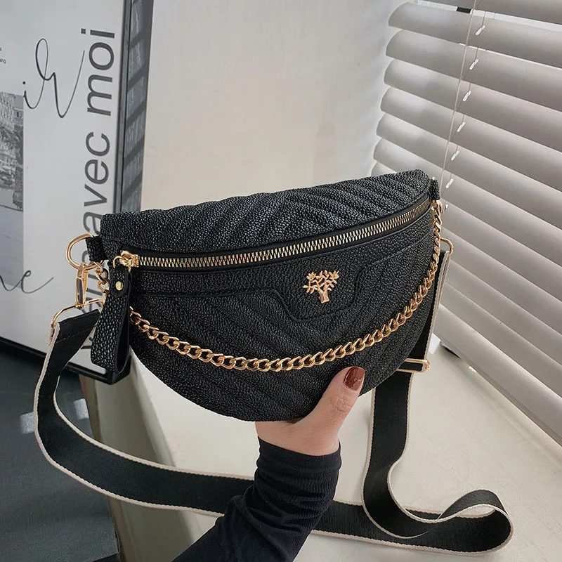 New Brand Chain Women's Fanny Pack PU Leather Waist Bag Shoulder Crossbody Chest Bags Luxury Designer Handbags Female Belt Purse