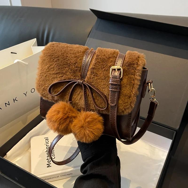

2023 Winter Plush Shoulder Bag Black Khaki Women Bag Designer Handbag And Purse High Quality Pu Leather Messenger Bags Female