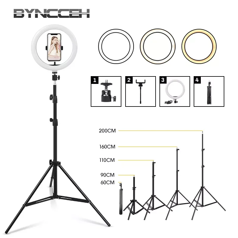 

Dimmable Ring Light Selfie LED Round Lamps USB With Phone Holder 1.6M Tripod Stand For Tiktok Video Light Makeup Photography Set