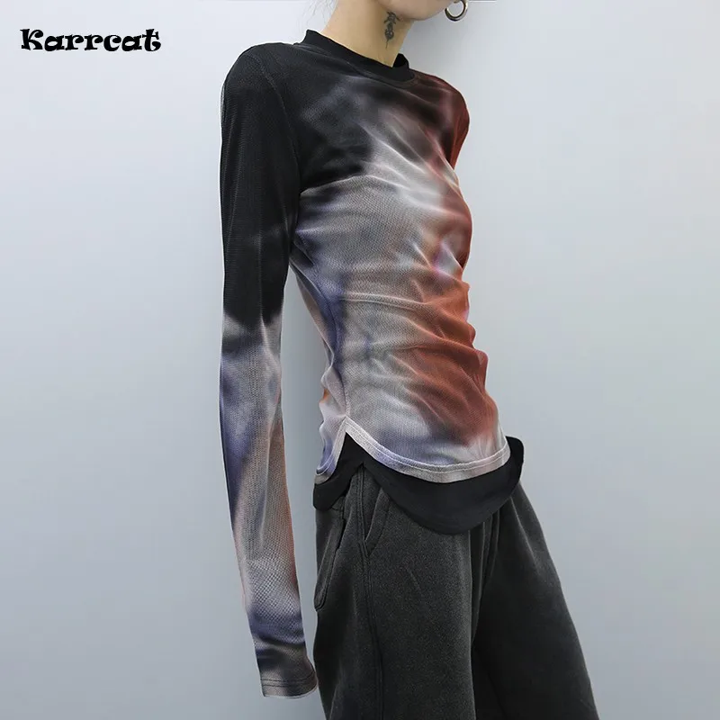 

Karrcat Cyber Y2k Mesh Tops Grunge Gradient Print T-shirt Irregular Tie Dye Chic T Shirt Korean Fashion Harajuku Streetwear 00s
