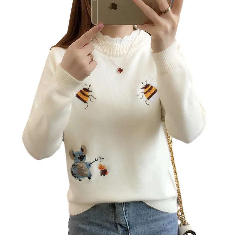 

Fashion New 2023 Autumn Women Sweater Pullover Winter Tops Korean Embroidery Little Bee Loose Warm Knitwear Jumpers Ladies D2531