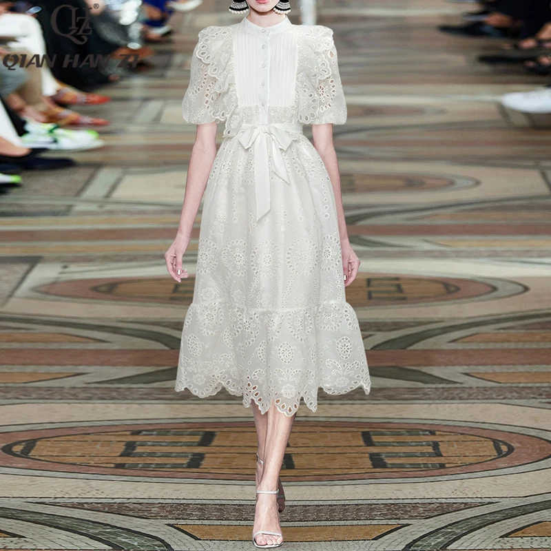 QHZ Designer Summer Dress for women short-sleeved belt slim ruffles embroidery hollow out Fashion elegant white Mid-Calf dress