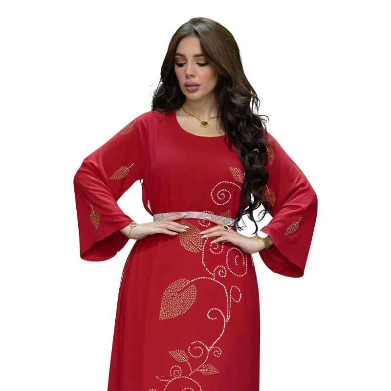 2023 Summer Spring Fashion Style Muslim Women Long Sleeve O-neck Red Polyester Long Abaya Muslim Dress Abaya Dubai
