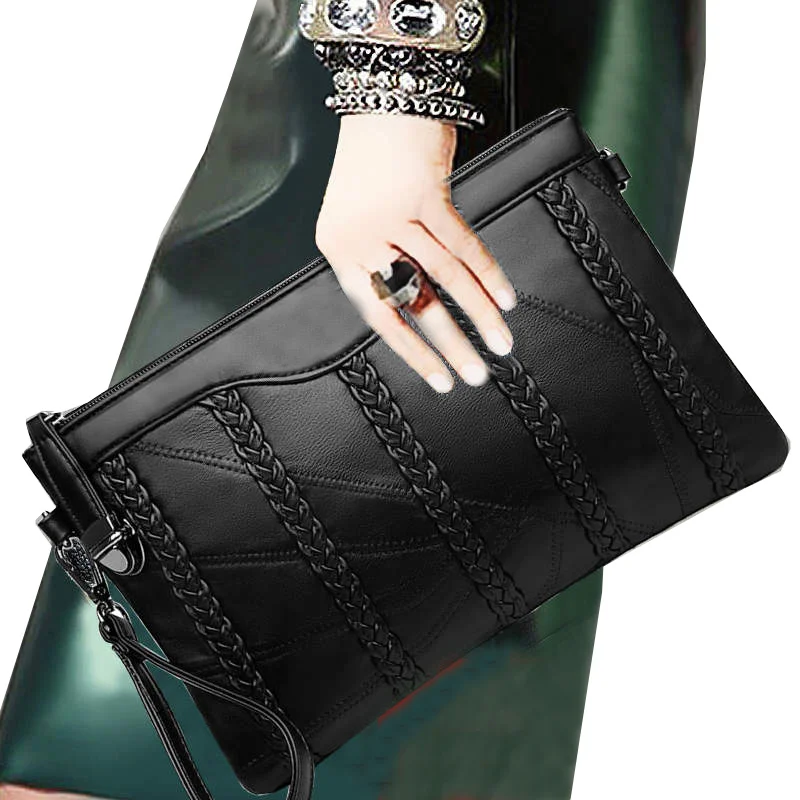 

Soft lambskin Sheepskin Leather women clutch bag Women woven envelope bag shoulder bag mobile phone bag female fashion handbag