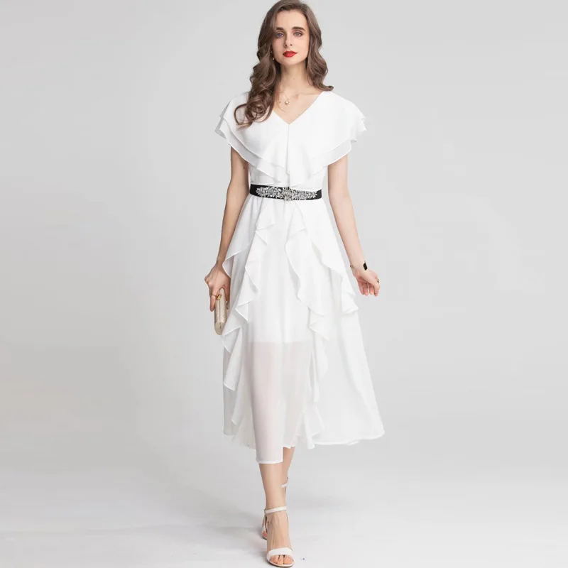 

JUNLINNA Runway Fashion Women Dresses V Neck Ruffles Sleeve Pure Colour Summer New Party Midi Vestidos Rhinestone Sashes Sliming