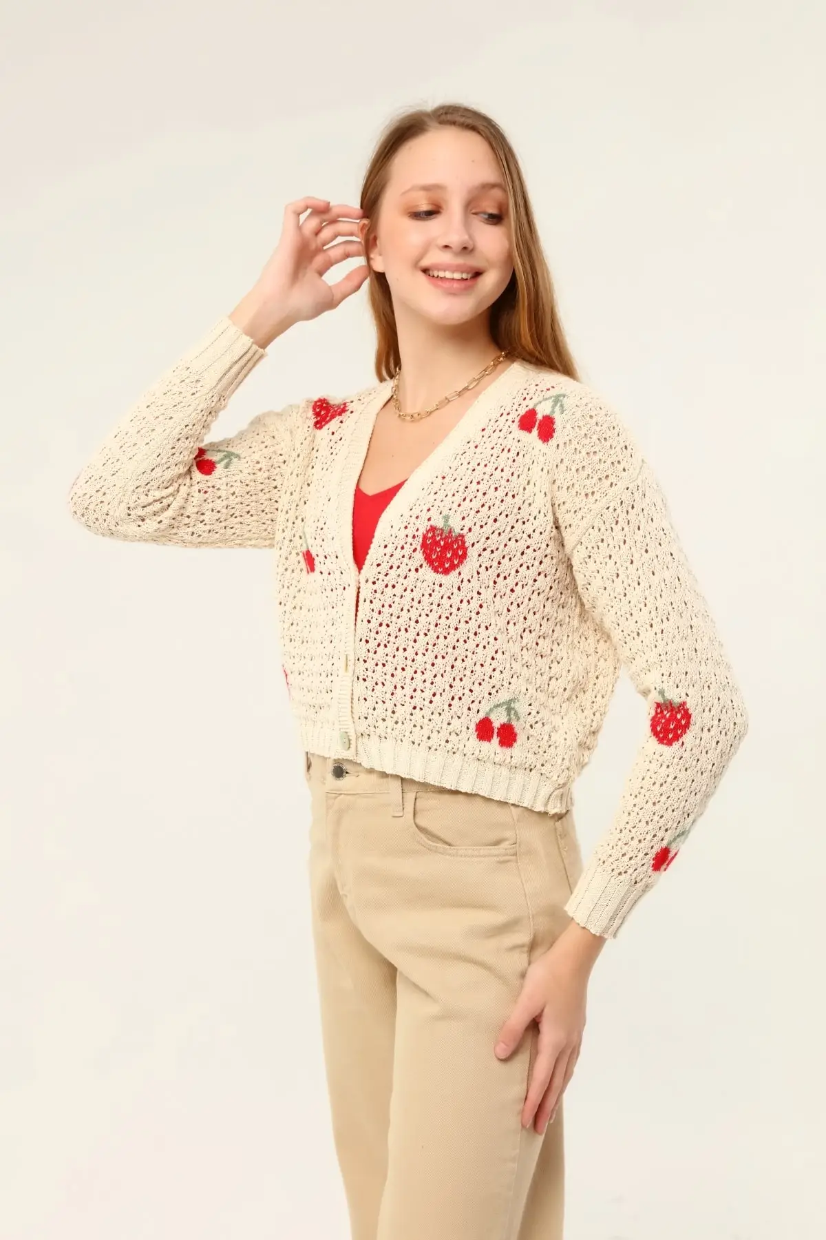 

Women's Cardigan Strawberry Cherry pattern Openwork Crop Casual Knitted Quality Fashion Sweaters Loose Jumper