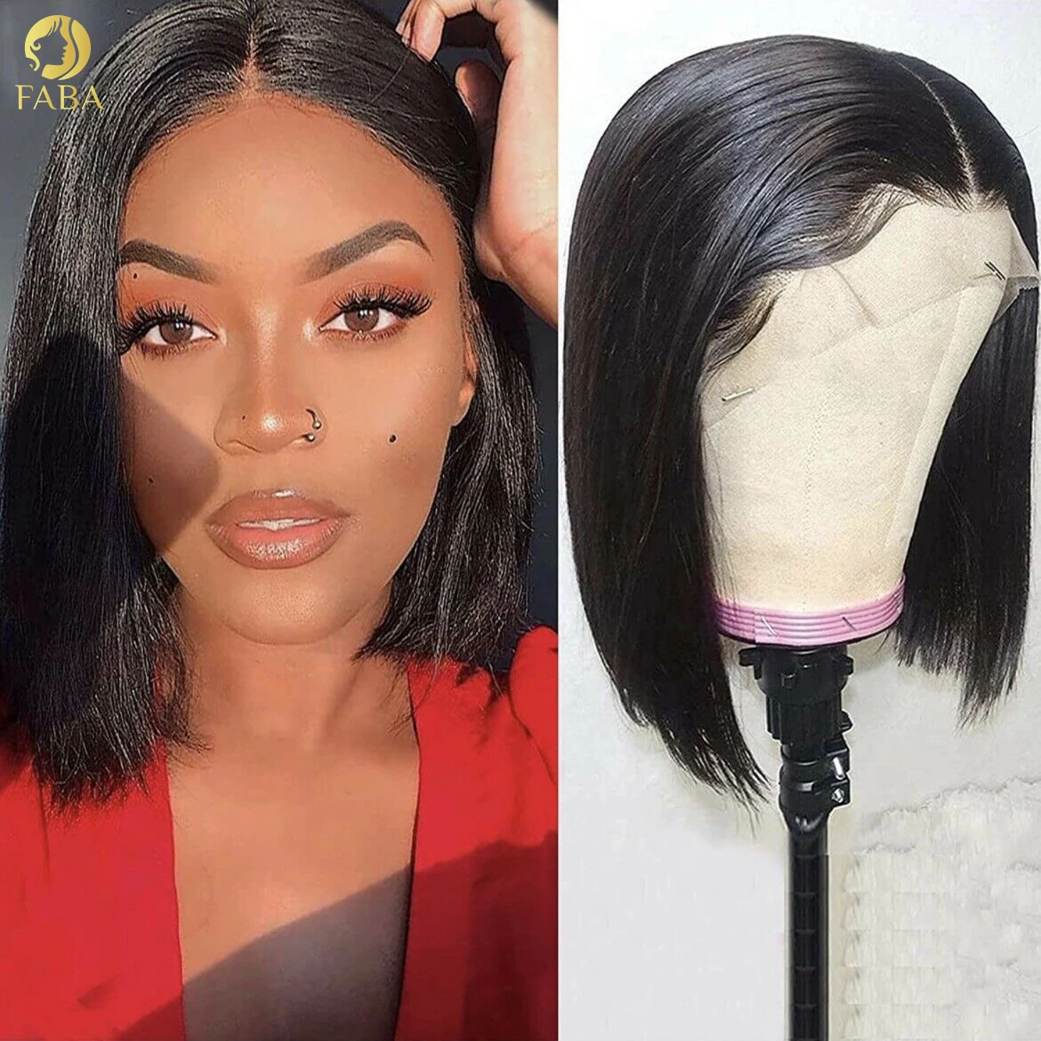 

4x4 Lace Front Human Hair Black Straight Wig Brazilian Girl Natural Color Hair HD Lace BOB Human Hair band Baby Wigs 180 Density