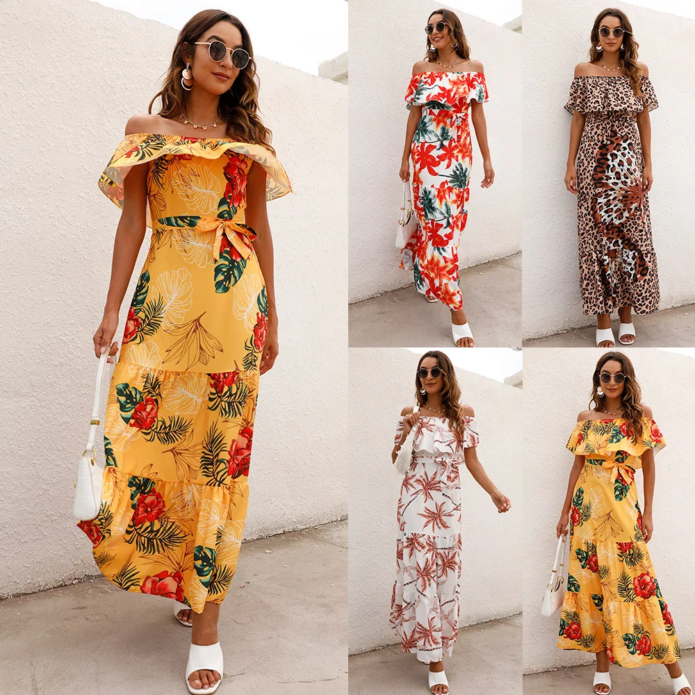 

One Shoulder Printing Ruffle Women's Dress Casual Sexy Elegant Summer Female Prom Midi Dress Vacation Chic Party Light Dress