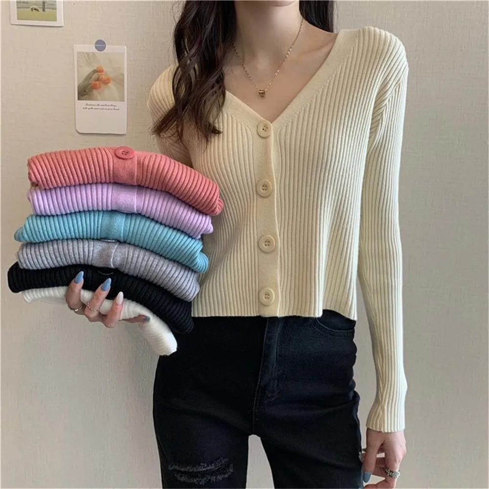 

Woman Sweaters Cardigan V-neck Knitted Cardigan Sweater Coat Women's Autumn Outer Wear White Long-Sleeved Top Sueters De Mujer