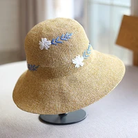 lunadolphin women handmade summer sun hat flower embroidery large eaves beach straw nature cap temperament flat collapsible
