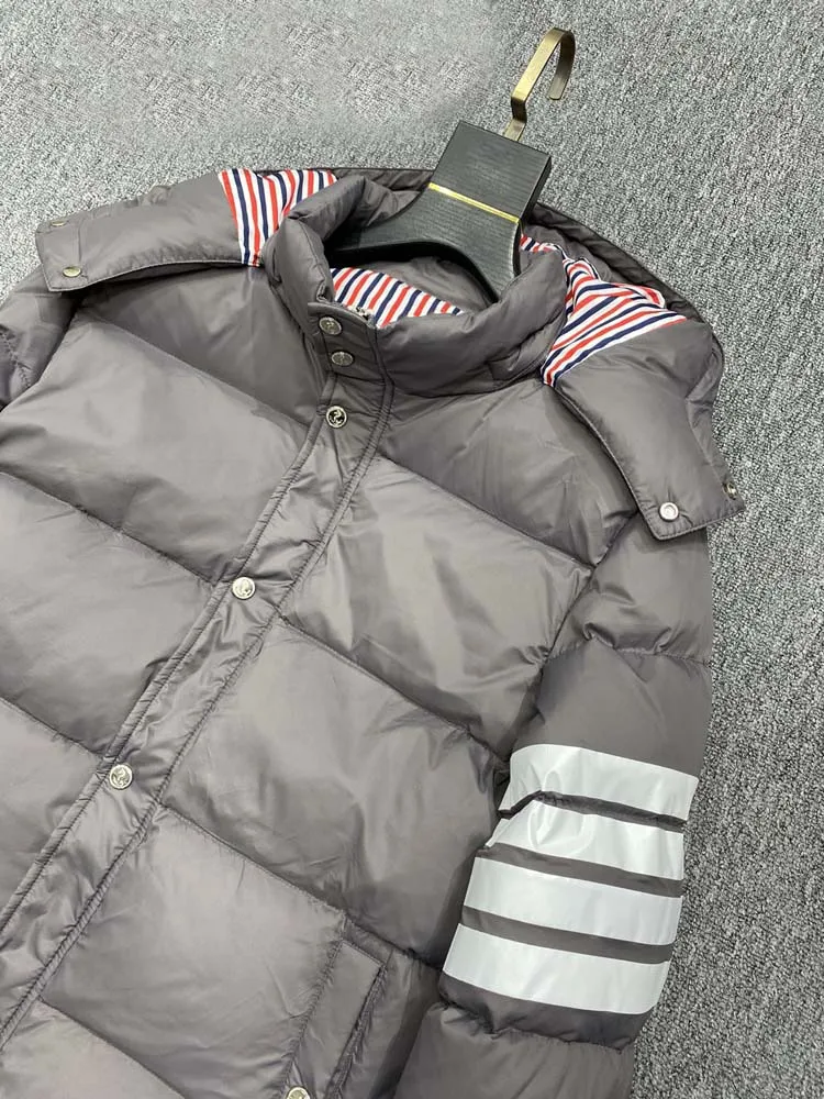 Winter Men's Down Jacket Grey Fashion Brand White Striepd Design Down Jacket Male Hooded Windbreaker Down Parkas Outerwear