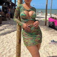 ingoo sexy cut out bodycon dresses for women mesh long sleeve green stripe summer beach party dress see through club outfits