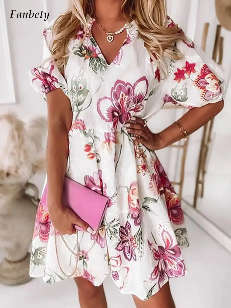 

Elegant Women 2022 Dress Fashion A-line Dress Fashion Floral Printed Pleated Dresses Summer Office Lady Casual Loose Beach Dress