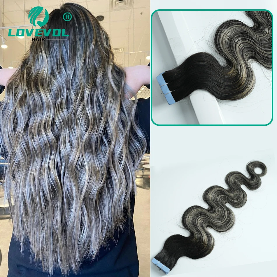 

Peruvian Body Wave Human Hair Tape in Balayage Natural Black to Grey Sliver 20pcs 50g Tape On Remy Human Hair Extensions Wavy