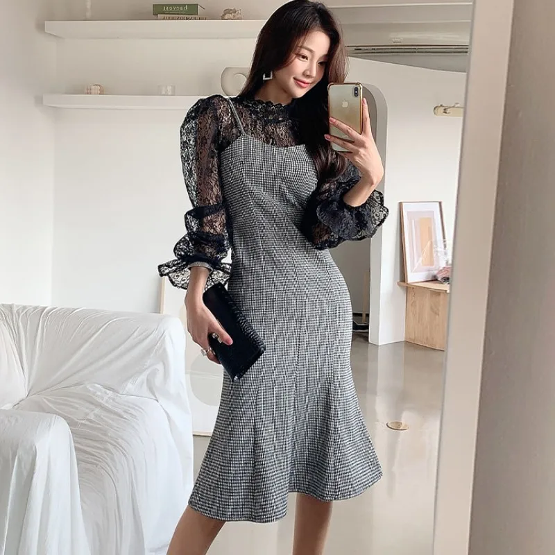 

Korea Chic Fall Winter Fashion Houndstooth Sling Mermaid Dress + Sexy Hollow out Lace Shirt 2 Piece Set Sweet Plaid Vest Dress