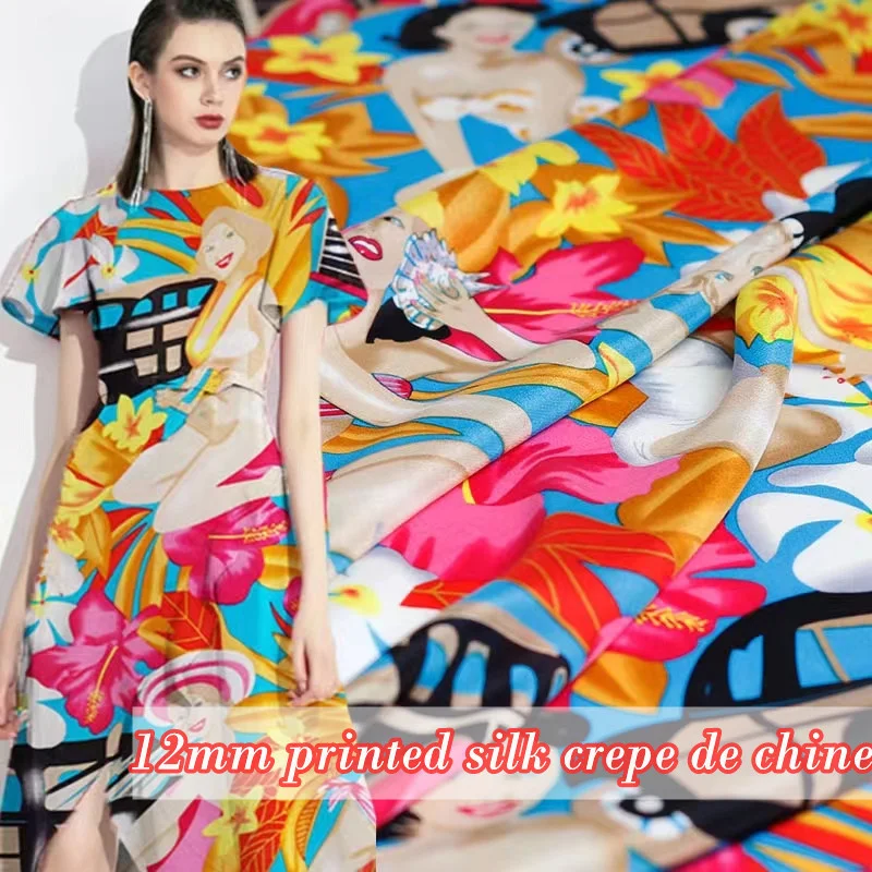 

Sexy Bikini Girl Cartoon Car Digital Print Crepe De Chine Pure Silk Cloth Summer Dress Chiffon Satin Fabric Half Meter 50x108cm
