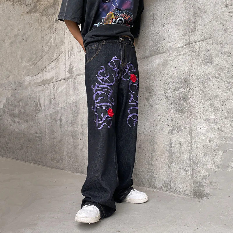 2022 New Fashion Rose Embroidery Black Baggy Jeans For Men Y2K Pants Straight Hip Hop Harajuku Denim Trousers Pantalones Hombre