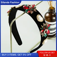 Silanda Fashion Black Velvet Hair Band Women's Retro Glossy Glass Drill Pearl Setted Floral Headband Courtly Hair Accessories