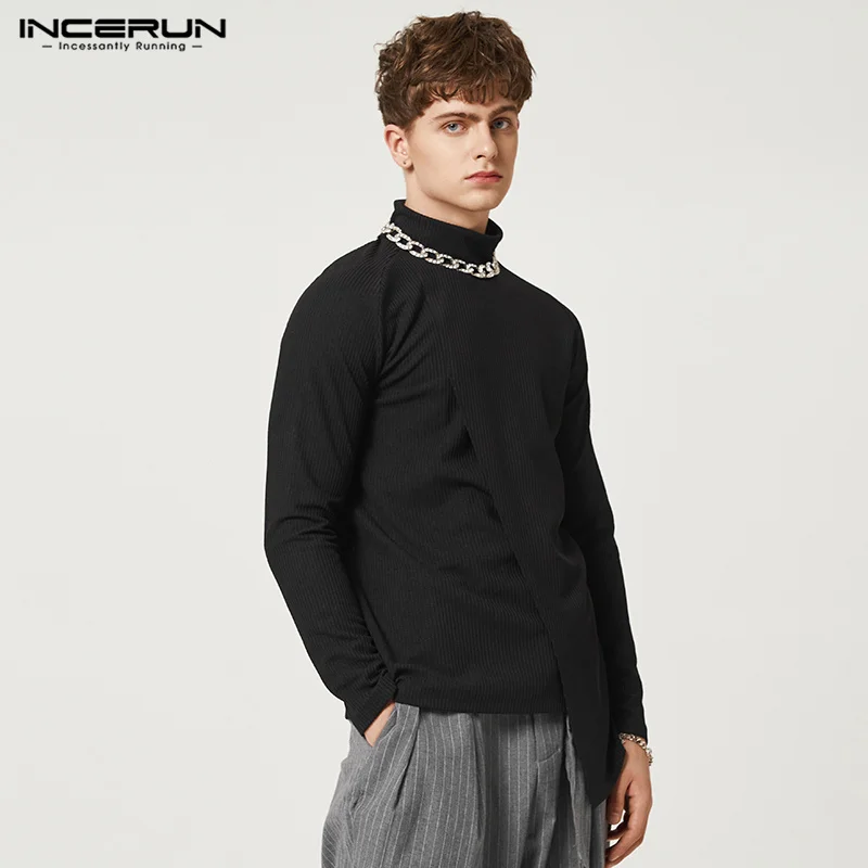 

Casual Simple Style Tops INCERUN New Men Long Sleeve Bottoming Sweater Male High-collar Irregular Splicing Solid Pullovers S-5XL