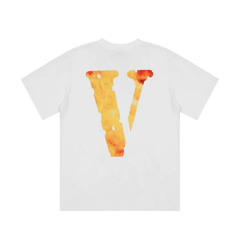 Фото Женская футболка с коротким рукавом Vlone, летняя брендовая футболка с желтыми буквами и принтом в виде пламени, с V-образным вырезом, 22ss №3