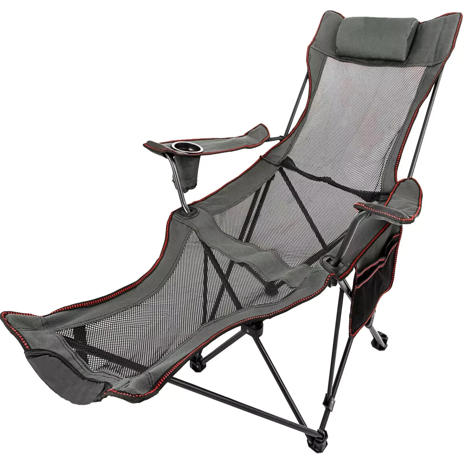 

Grey Reclining Folding Camp Chair With Footrest Nap Chair Breathable Portable