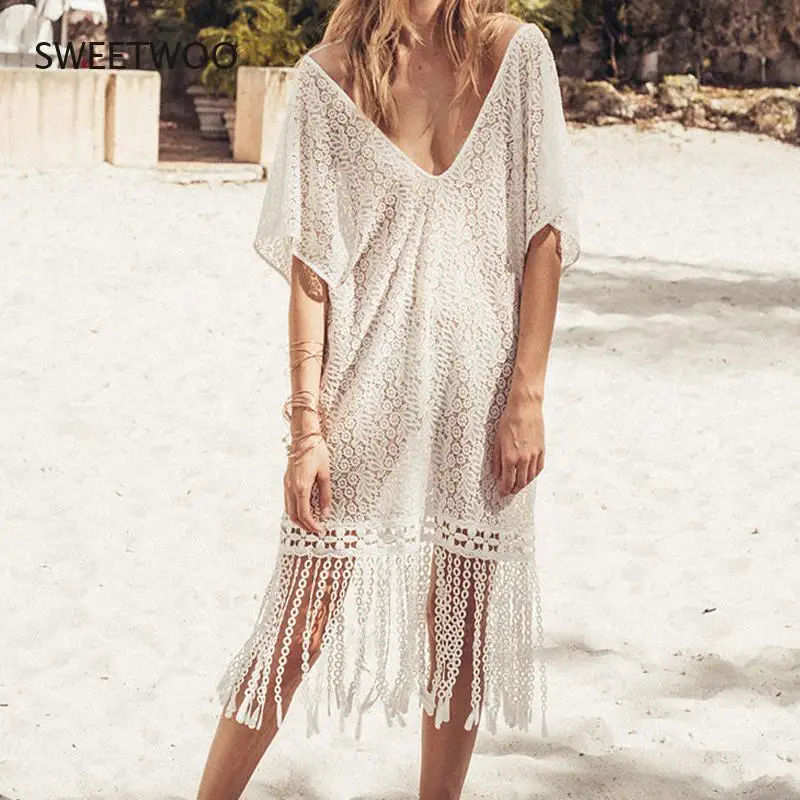 

Summer Ladies Casual White Lace Fringe Beach Cover Up Deep V Neck Loose Bikini Resort Skirt Sexy Beach Dress Cover Up