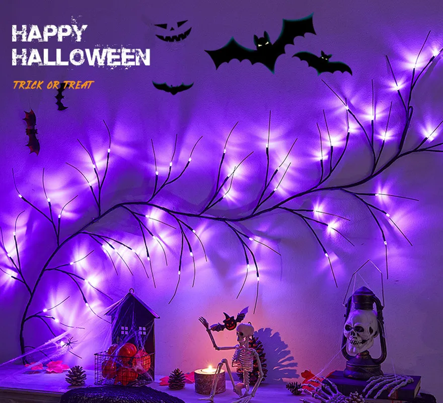 

Halloween LED Vine Lights Spider Bat Pumpkin Window Light Scary Orange Purple Twig Glittered Indoor Table Wall Fireplace Decor