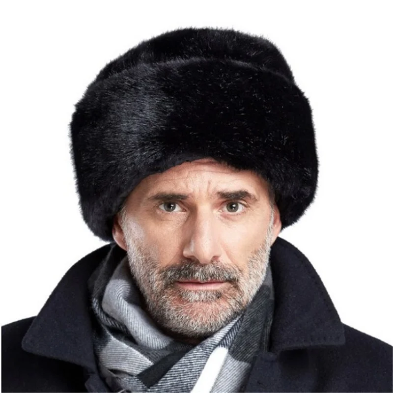 

Men Faux Mink Fur Bomber Hat Flat Top Winter Thicken Warm Hat For Dad Grandfatther Themal Cap Without Brim Beaniers