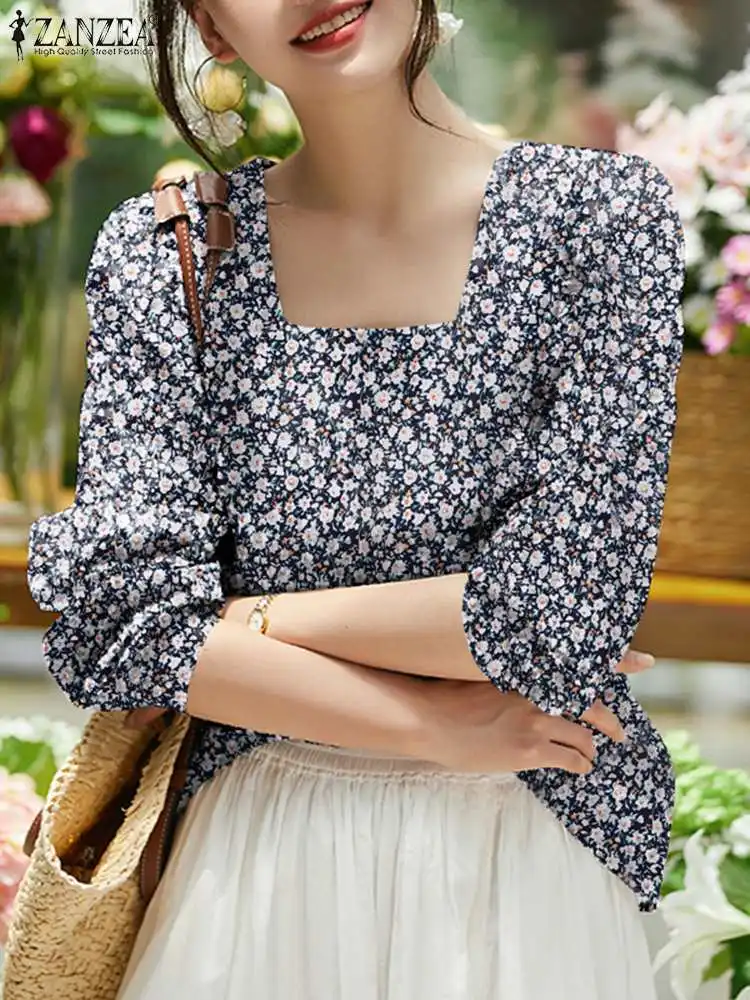 

Осенняя блузка с цветочным принтом ZANZEA, богемные женские топы с квадратным вырезом и длинным рукавом, женские блузы, Повседневная модная Праздничная рубашка