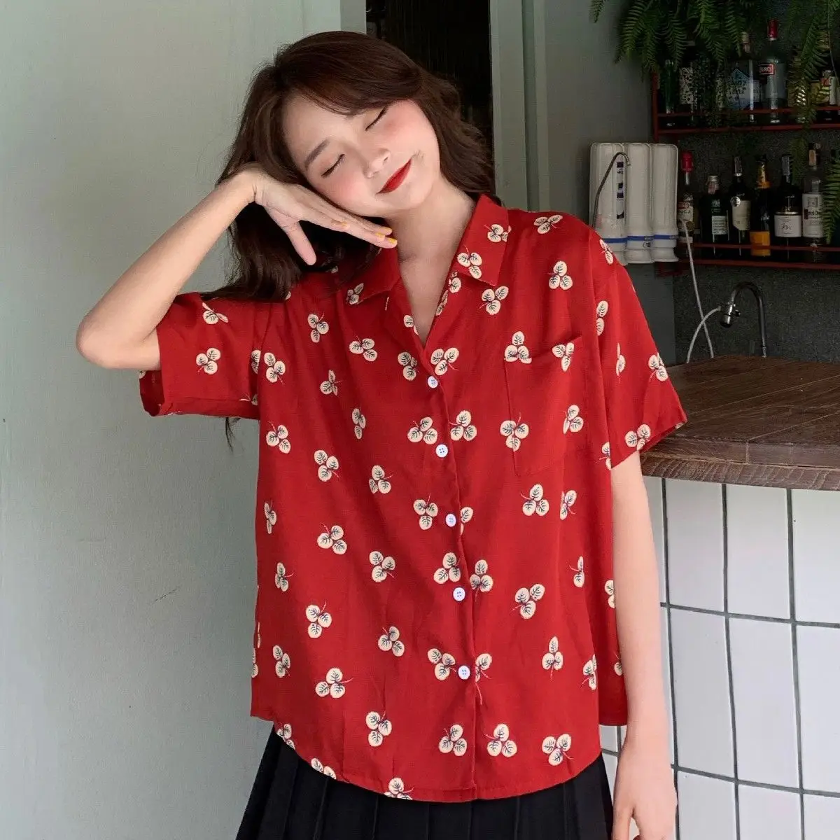 Летняя красная рубашка с коротким рукавом женская уличная одежда модная новинка