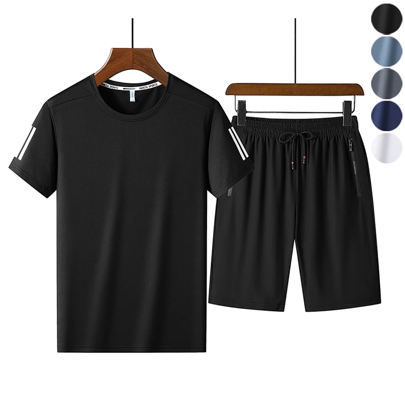 

Спортивные костюмы для мужчин Sevenmoon L-8XL, комплекты из двух предметов, топ с коротким рукавом и шорты из ледяного материала, высококачественные женские комплекты для бега