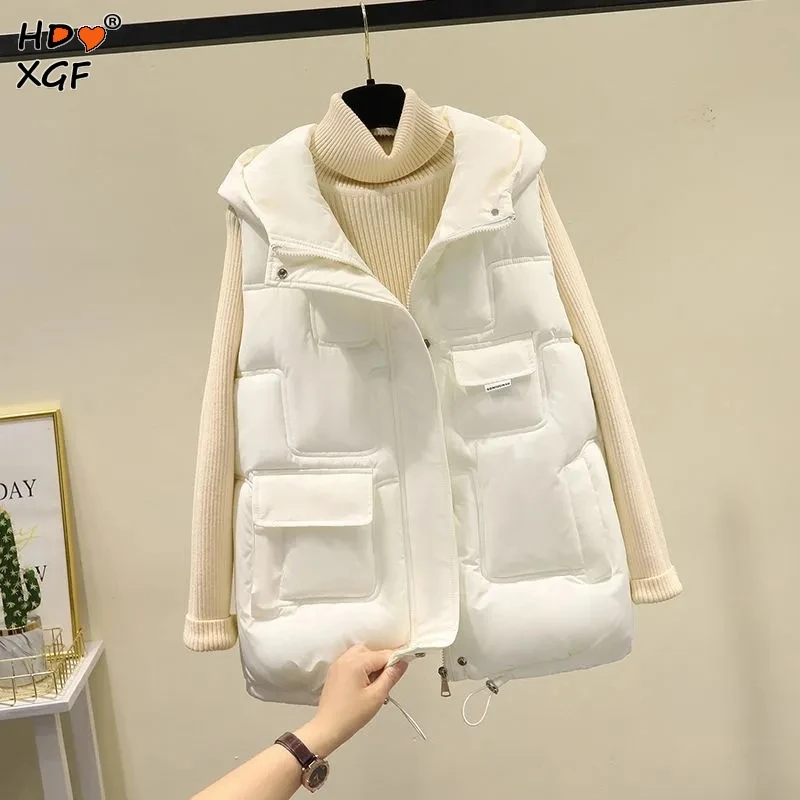 

Winter Hooded Sleeveless Cotton-padded Women Coats Solid Color Simple Loose Snow Wear Vest Jackets 2023 Korean Thick Warm Parkas