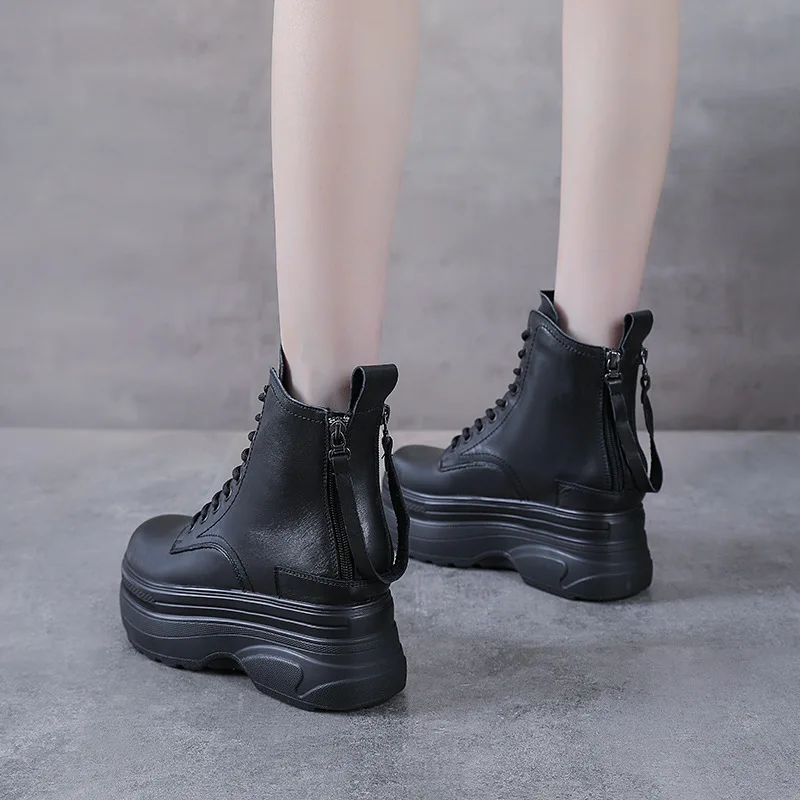 2023 autumn and winter new leather thick soled waterproof platform ankle boots heightening heels Martin boots back zipper