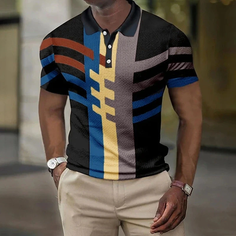 

Рубашка-поло мужская с геометрическим отложным воротником, уличная Модная Повседневная дышащая футболка с коротким рукавом, на пуговицах, с 3D принтом, лето