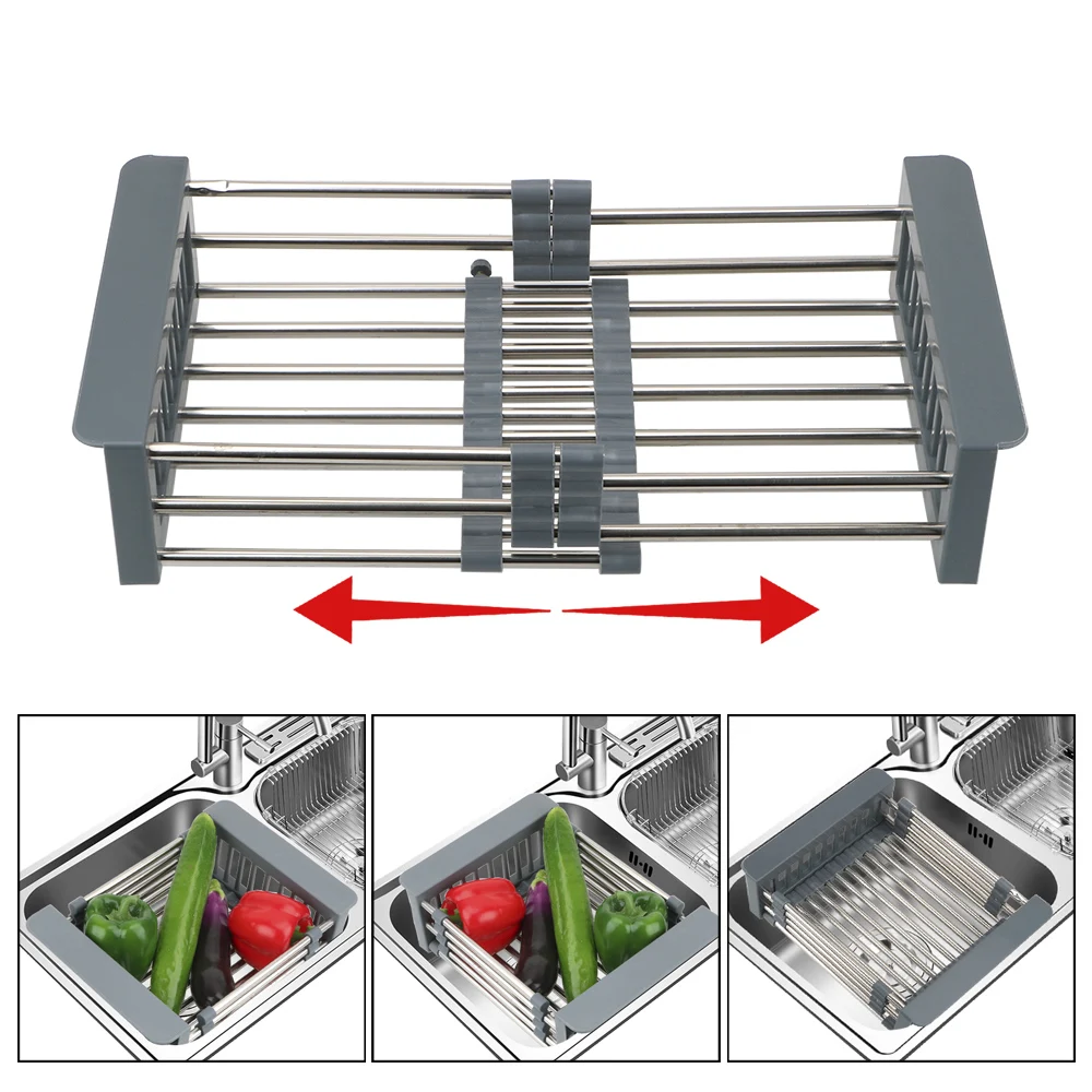 

Stainless Steel Adjustable Sink Dish Drainers Dish Drying Rack Kitchen Organizer Drain Basket Telescopic Sink Storage Rack