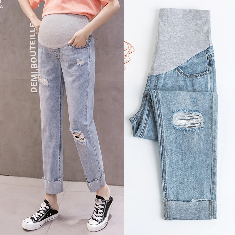 

Ripped Hole Washed Denim Maternity Straight Jeans Spring Summer Casual Loose Belly Pants Clothes for Pregnant Women Pregnancy