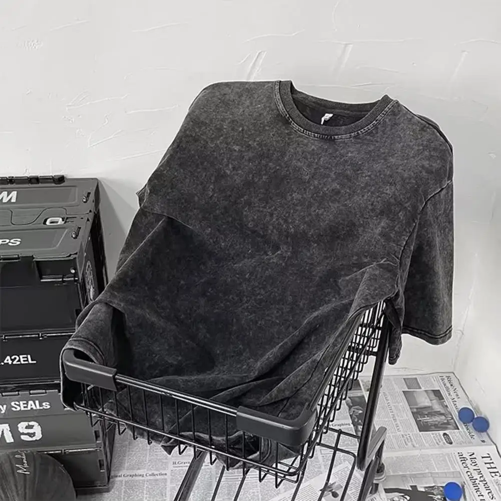 

Футболка мужская с круглым вырезом, однотонная дышащая потертая Повседневная рубашка с рукавом до локтя, впитывающая влагу, в винтажном стиле, на лето