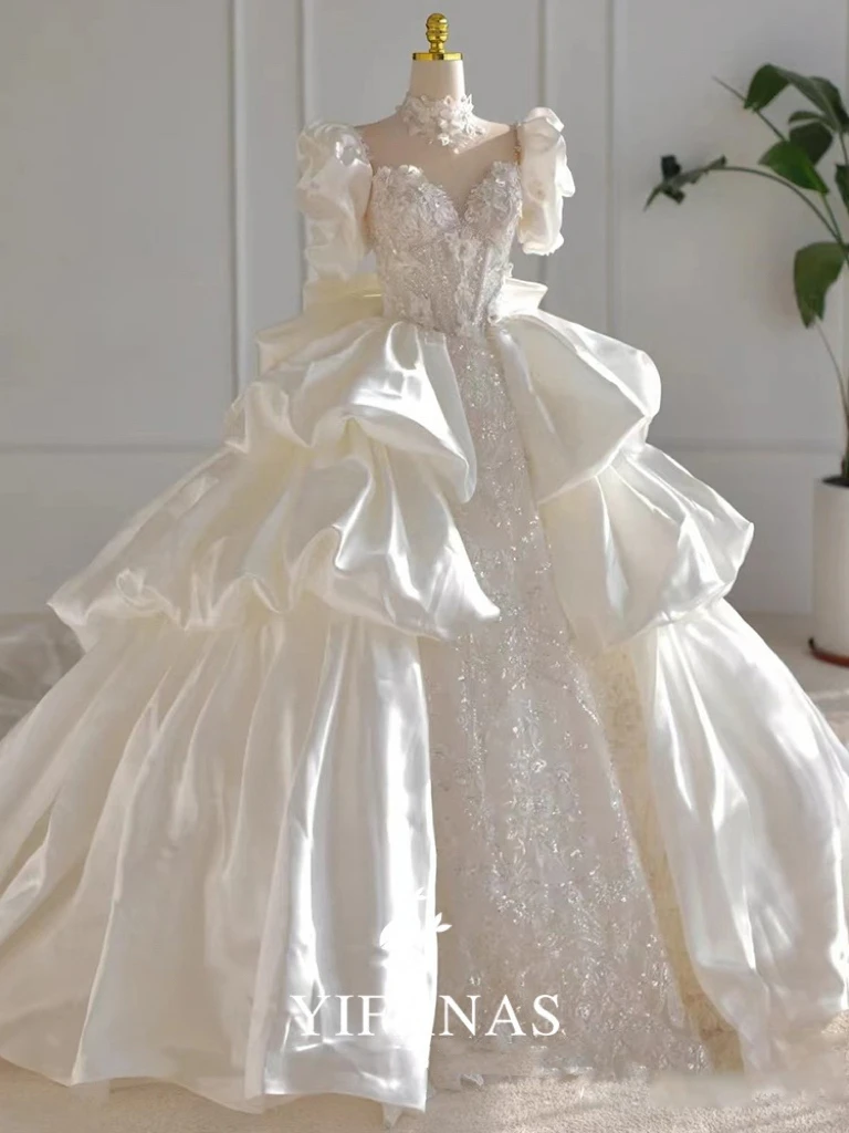 

Женское свадебное платье с бусинами It's yiiya, белое платье с бусинами и многоярусными рукавами-фонариками на заказ на лето 2019