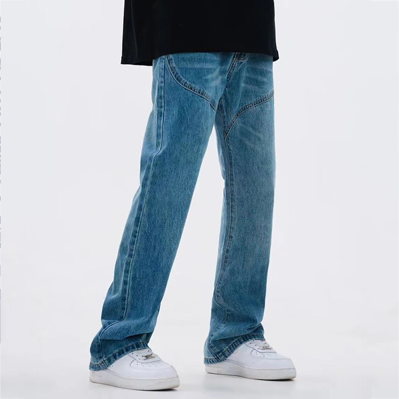 American Retro Light Blue Micro Horn Y2k Men Jeans High Street Ins Trend Vibe Pants Couples with Street Clothing Ins Hot Sale