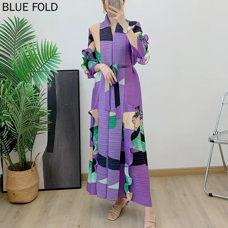 MIYAKE-Женское длинное плиссированное платье деревянная кромка для ушей V-образный