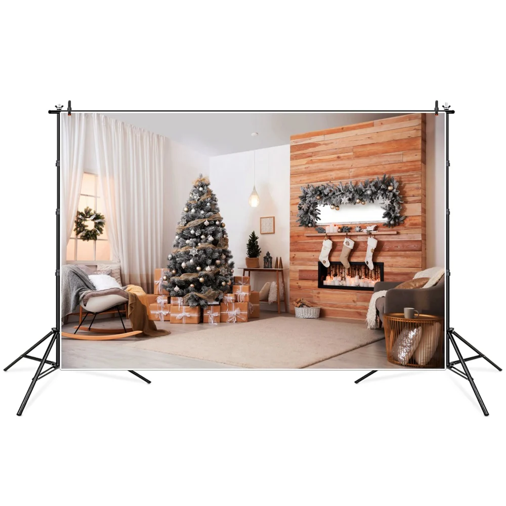 

Christmas Tree Gifts Garland Socks Fireplace Interior Photography Backdrops Custom Baby Party Decoration Photo Booth Backgrounds