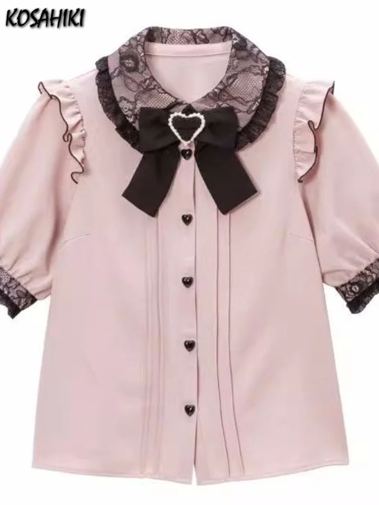 

Японская Милая рубашка в стиле «лолита» с коротким рукавом, летняя эстетичная кружевная универсальная блузка Y2k, топы, женские летние блузы