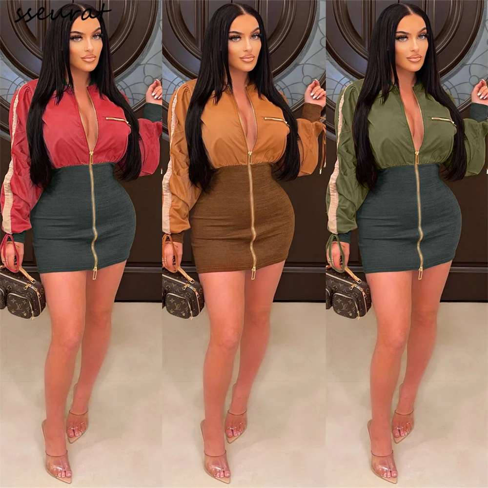 

SSEURAT Women Patchwork Casual Basic Mini Dress Spring Long sleeve Front Zipper Sweatshirt Dress Lady Slim Bodycon Vestido